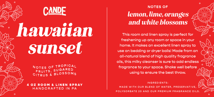Hawaiian Sunset 4 oz Room & Linen Spray label