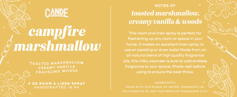 Campfire Marshmallow 4 oz Room & Linen Spray label