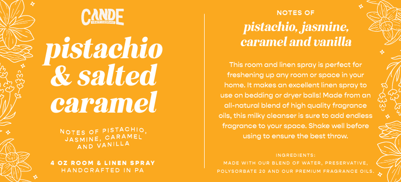 Pistachio & Salted Caramel 4 oz Room & Linen Spray label