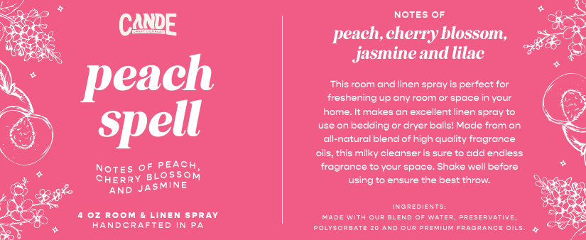 Peach Spell 4 oz Room & Linen Spray label