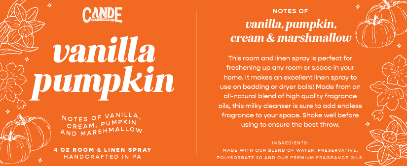 Vanilla Pumpkin 4 oz Room & Linen Spray label