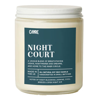 Candle labeled Night Court on a white background