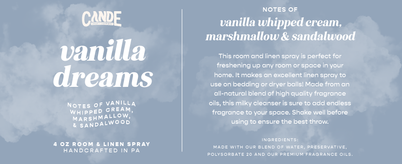 Vanilla Dreams 4 oz Room & Linen Spray label